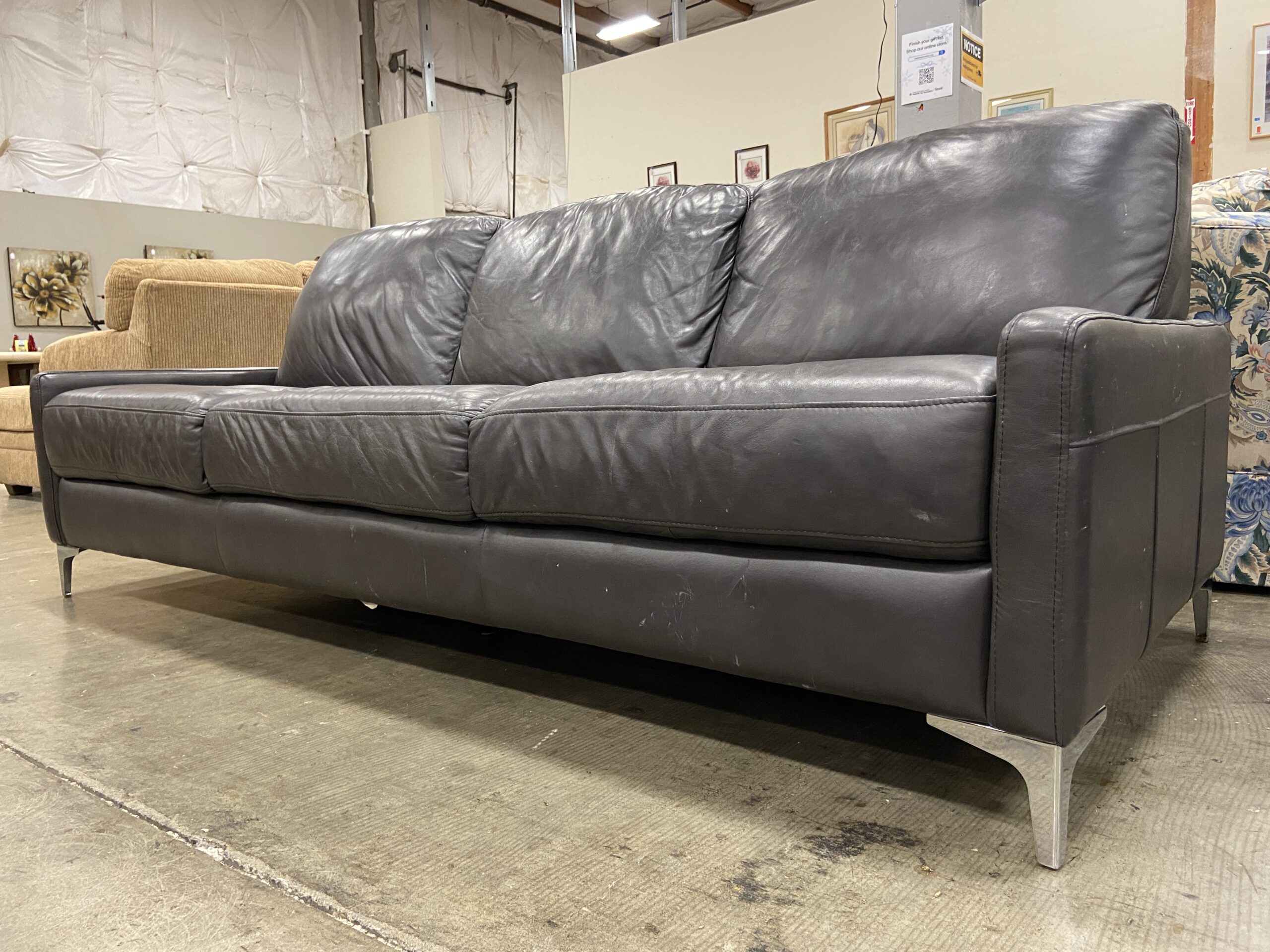 Charcoal Leather 3 Seat Sofa with Chrome Feet
