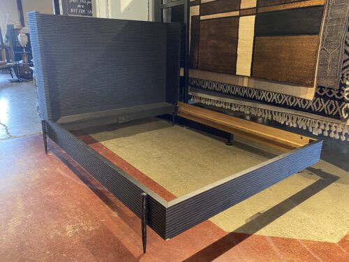 Meryl Antique Black Oak & Forged Iron Modern Wingback Bed Frame, Queen Sized