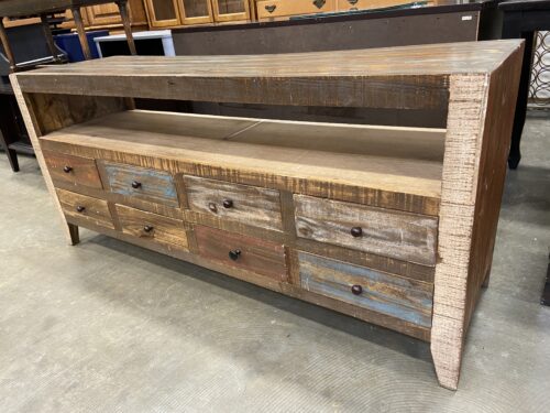 Rustic Oxidized Wood Multicolor 8 Drawer Media Console