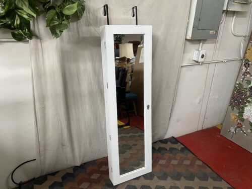 White Door Hanging Mirror/Lockable Jewelry Armoire