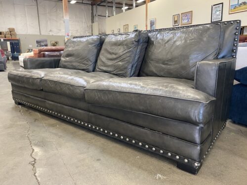 BERNHARDT Charcoal Grey Distressed Leather Sofa with Nailhead Detail