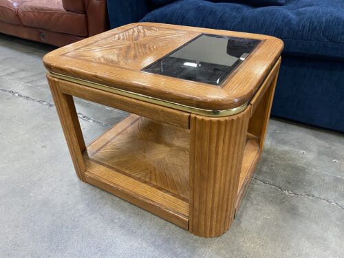 Vintage Natural Finish Wooden End Table with Glass Insert and Golden Accents