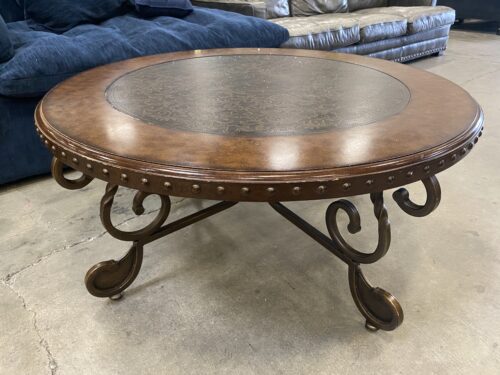 Ornate Mandala Style Round Coffee Table with Wrought Iron Base