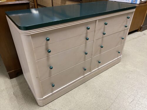Cream 6-Drawer Low Dresser w/ Aquamarine Accents