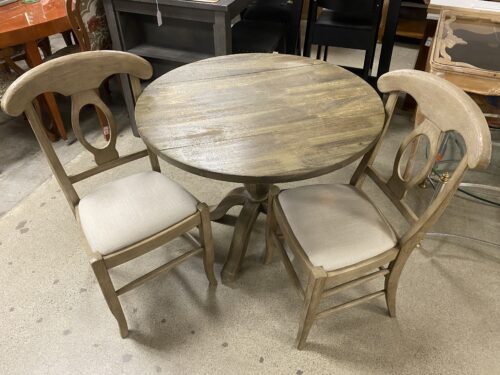 COST PLUS Grey Rustic Round Drop Leaf Bistro Table w/ 2 Upholstered Dining Chairs