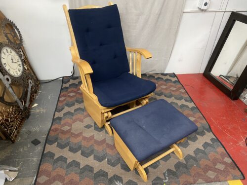 Light Brown Wood Rocker & Ottoman w/ Navy Blue Cushions