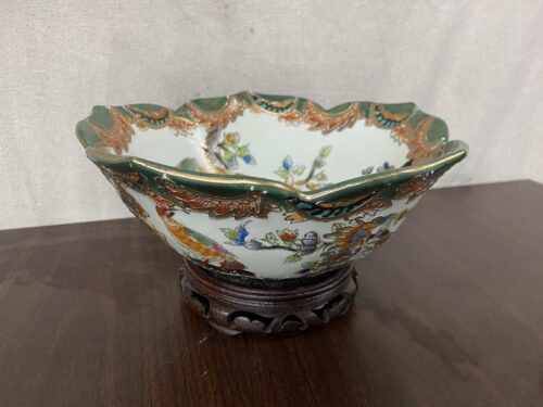 Hand Painted Satsuma Japanese Porcelain Bowl w/ Stand