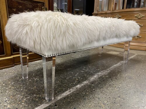 White Faux Fur Bench w/ Nailhead Trim