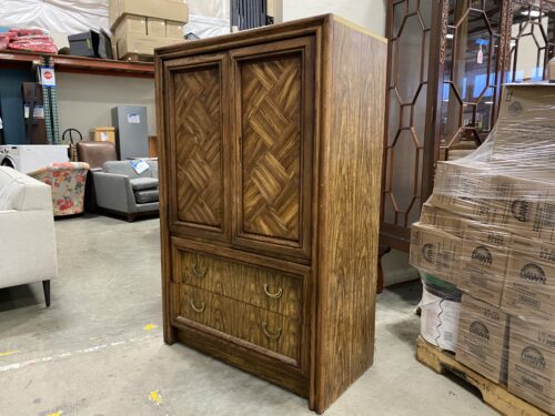 Vintage Wooden Armoire with Geometric Pattern and Campaign Style Brass Pulls