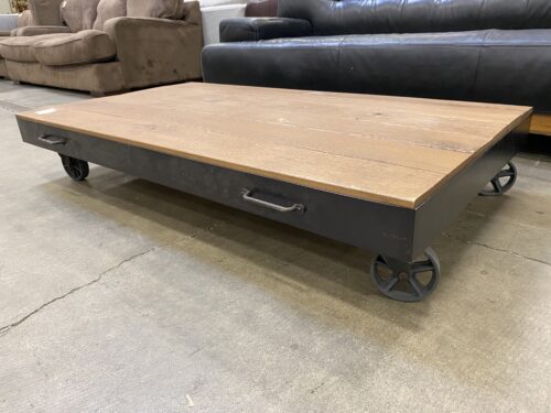 Unique Industrial Wooden Coffee Table on Large Metal Casters