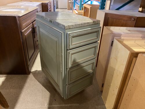 15" Wide Four Drawer Cabinet in Distressed Green with Granite Top