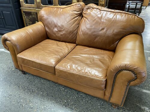 DREXEL Caramel Leather Loveseat w/ Nailhead Trim