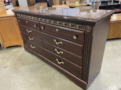 Ornate Marbled Style Wooden 6 Drawer Dresser with Painted Brass Accents