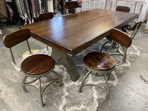 COAST TO COAST Industrial Adjustable Dining Table w/ 6 Round Metal & Wood Stools