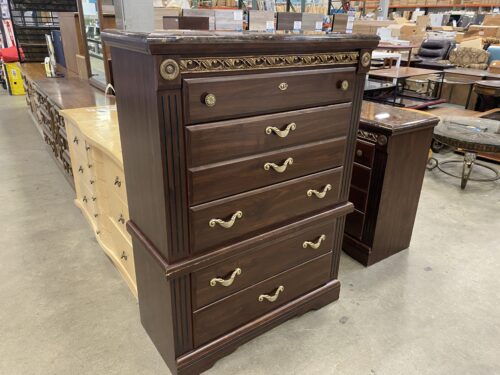 Ornate Marbled Style Tallboy Dresser with Painted Brass Accents