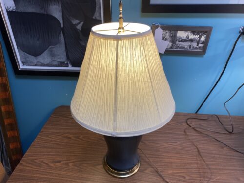 Vintage Dark Blue Glazed Ceramic Table Lamp w/ White Pleated Shade