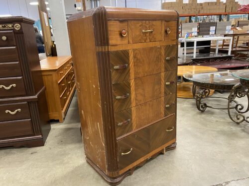 Vintage Handmade Carved Mixed Exotic Wooden Dresser with Unique Brass Pulls
