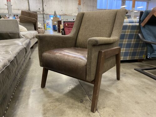 Brown Distressed Leather and Woven Accent Chair with Walnut Finish Wooden Legs