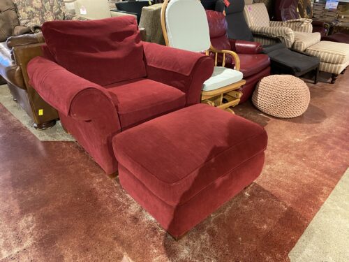 Large Red Armchair with Rolled Arms and Matching Ottoman