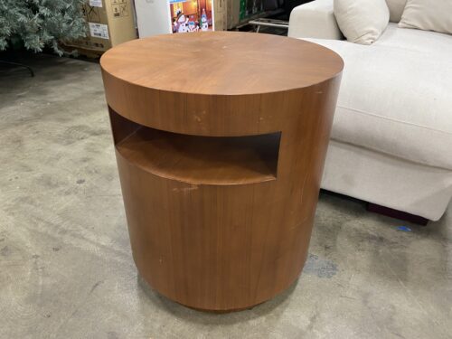 CRATE & BARREL Round Modern Wooden End Table with Pocket Shelf