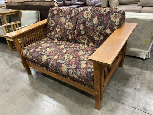 Wooden Mission Style Loveseat with Maroon Floral Cushions