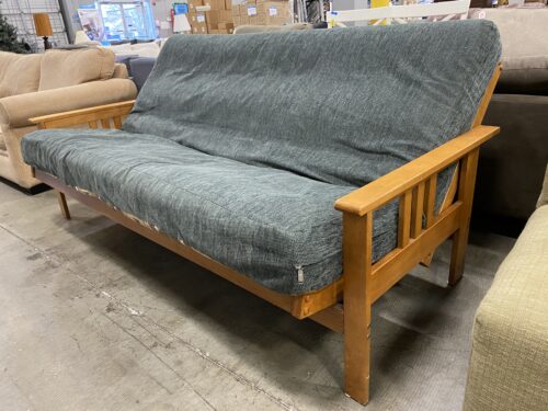Wooden Mission Style Convertible Futon with Green Cushion