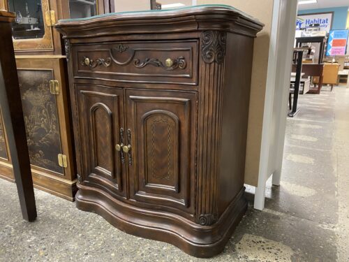 MICHAEL AMINI Dark Wood Glass Top Sideboard w/ Checkered Inlay