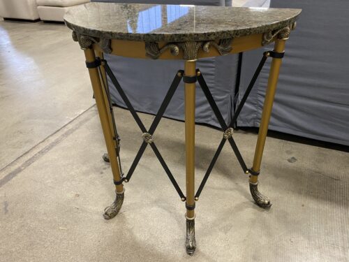 Stone Top Neoclassical Demilune Entryway Console Table with Brass Details