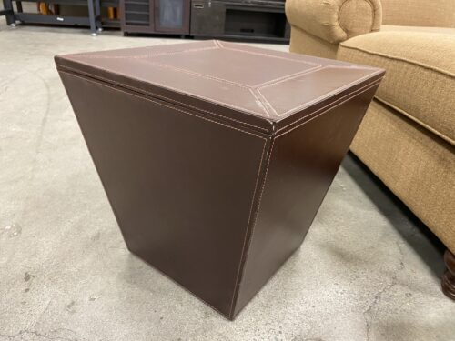 Mocha Wood and Leather Square Storage Ottoman with Contrast Stitching