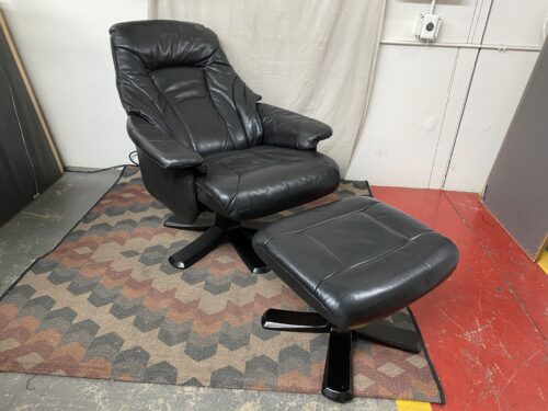Contemporary Black Leather Reclining Armchair w/ Ottoman