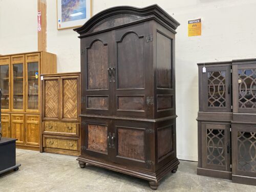Large Vintage Dark Wood Arched Armoire with Curved Iron Handles