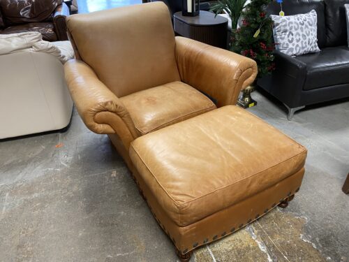 CIBOLA INTERNATIONALE Caramel Leather Roll Arm Chair & Ottoman w/ Nailhead Trim