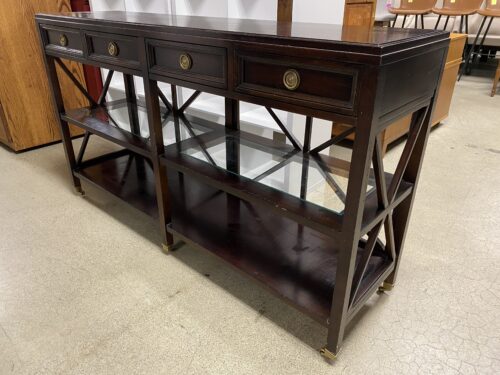 Dark Cherry Finish Rolling Console Table w/ 4 Drawers