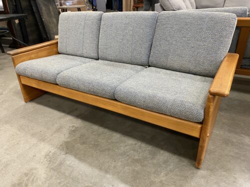Danish Modern Teak 3 Seat Sofa with Heathered Blue and Beige Cushions