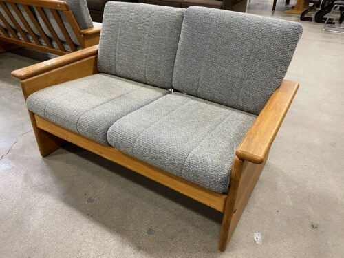 Danish Modern Teak Loveseat with Heathered Blue and Beige Cushions