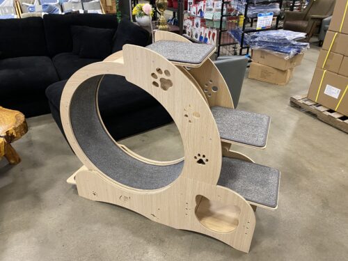 Light Wood Cat Wheel Playset with Food Dish and Grey Fabric Steps