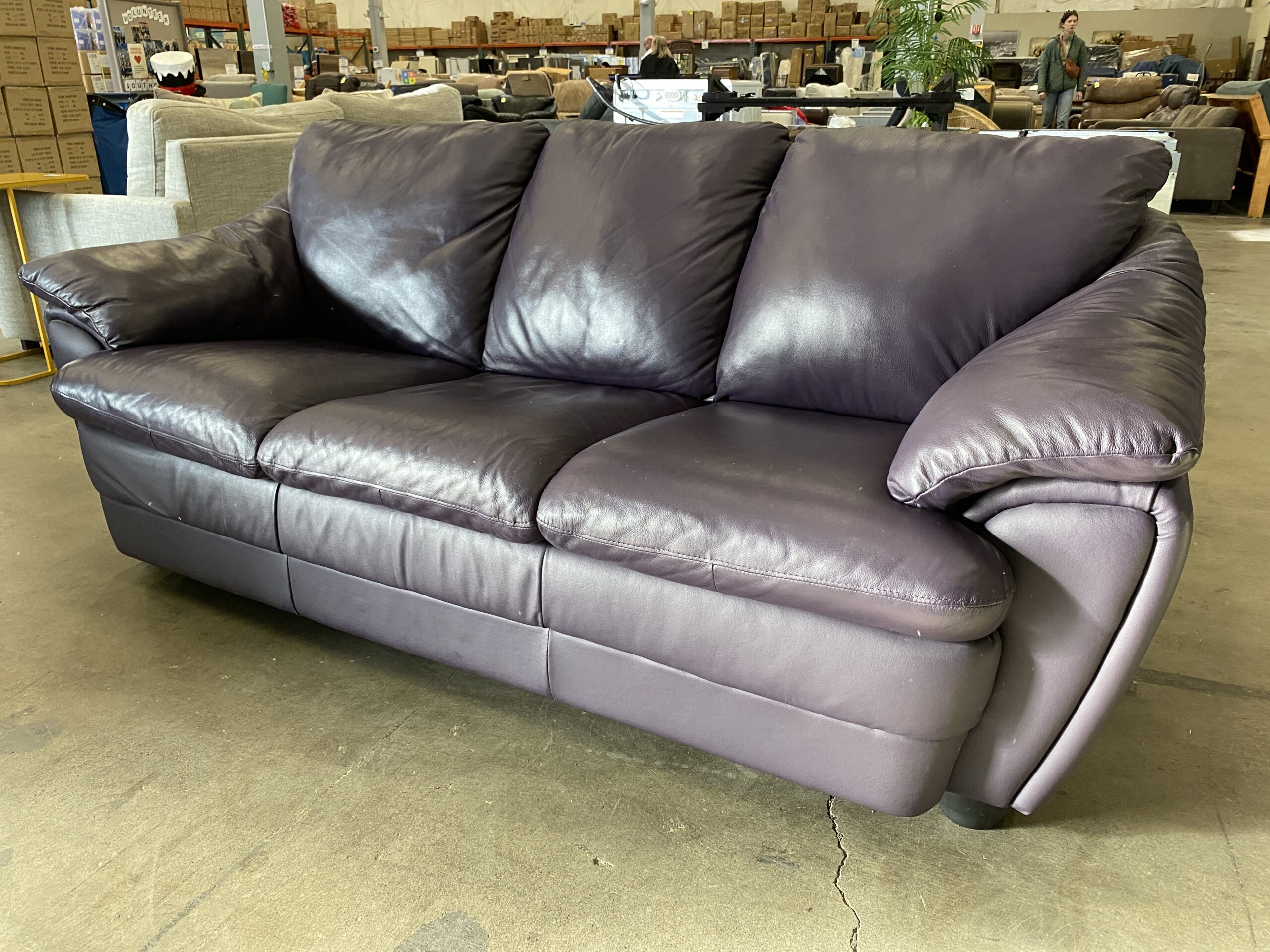 DECORO Aubergine Italian Leather 3 Seat Sofa with Black Legs