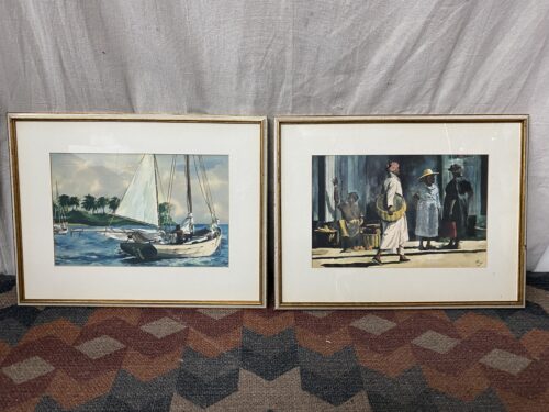 "Man at Market" & "Under Sail" Framed Watercolor Prints by Max Johnson (Set of 2)
