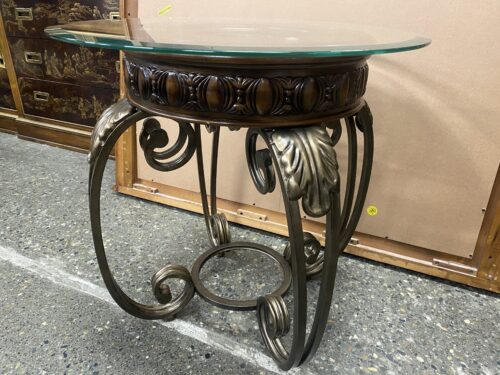 Carved Metal & Wood End Table w/ Round Glass Top