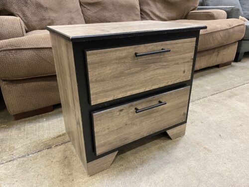 Grey Wash Wooden 2 Drawer Nightstand with Sleek Black Hardware