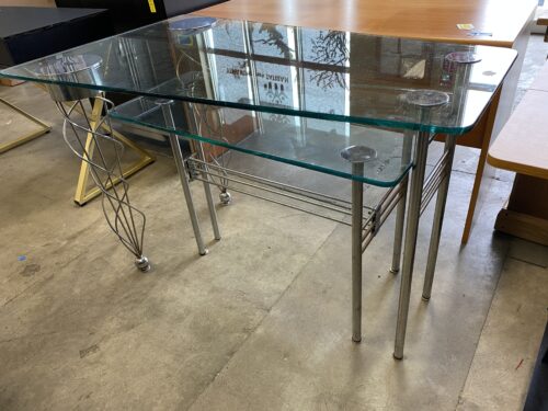Abstract Modern Polished Chrome Base 2 Tier Glass Top Office Desk