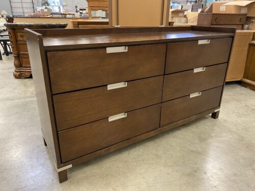 Espresso Stained Wooden 6 Drawer Dresser with Recessed Sleek Metal Pulls