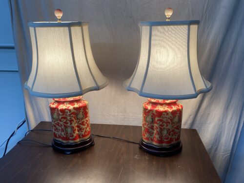 Red & Gold Floral Painted Table Lamps w/ Scalloped White Shade (Set of 2)