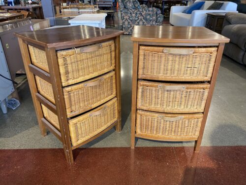 Wood and Rattan Three Drawer Nightstands (Set of 2)