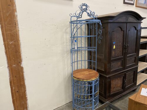 Ornate Painted Blue Wrought Iron Wine Display and Storage with Wooden Counter
