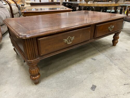 Vintage Carved Wooden Mahogany Stained Coffee Table with 2 Drawers