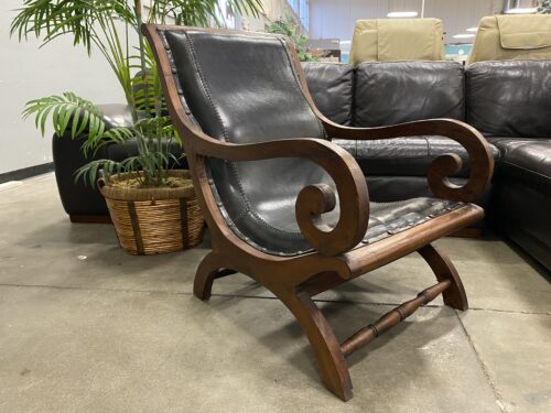 Vintage Mahogany Scroll Arm Campeche Chair with Black Leather Seat and Nailhead Details