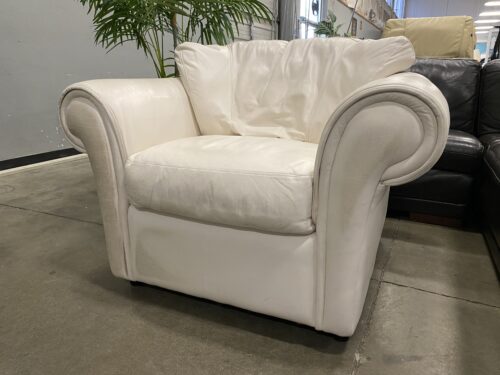 Vintage Ivory Leather Down Filled Plush Accent Chair with Rounded Lines