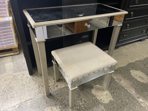 Silver Mirrored Vanity Table w/ Beige Upholstered Bench