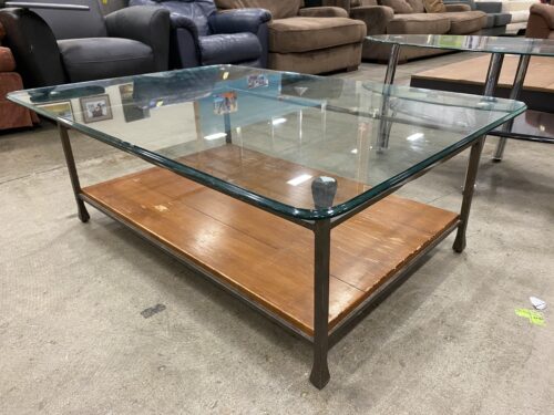Large Glass Top Coffee Table with Wrought Iron and Wooden Base